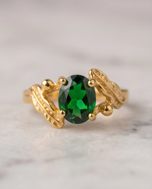 Golden Verdant Emerald Botanical Leaf Ring
