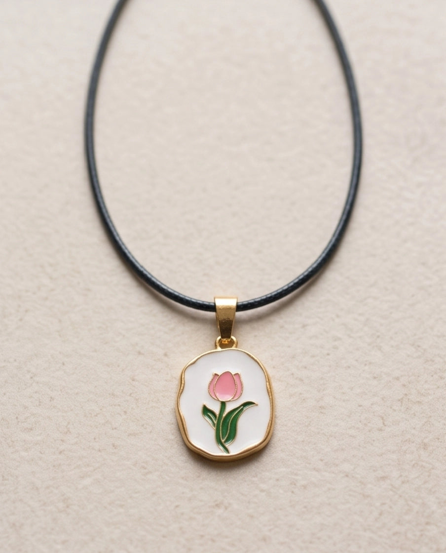 Gold Pink Tulip Enamel Medallion Chain Necklace