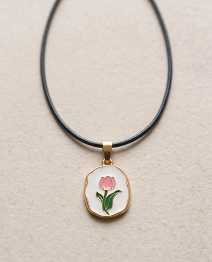 Gold Pink Tulip Enamel Medallion Chain Necklace