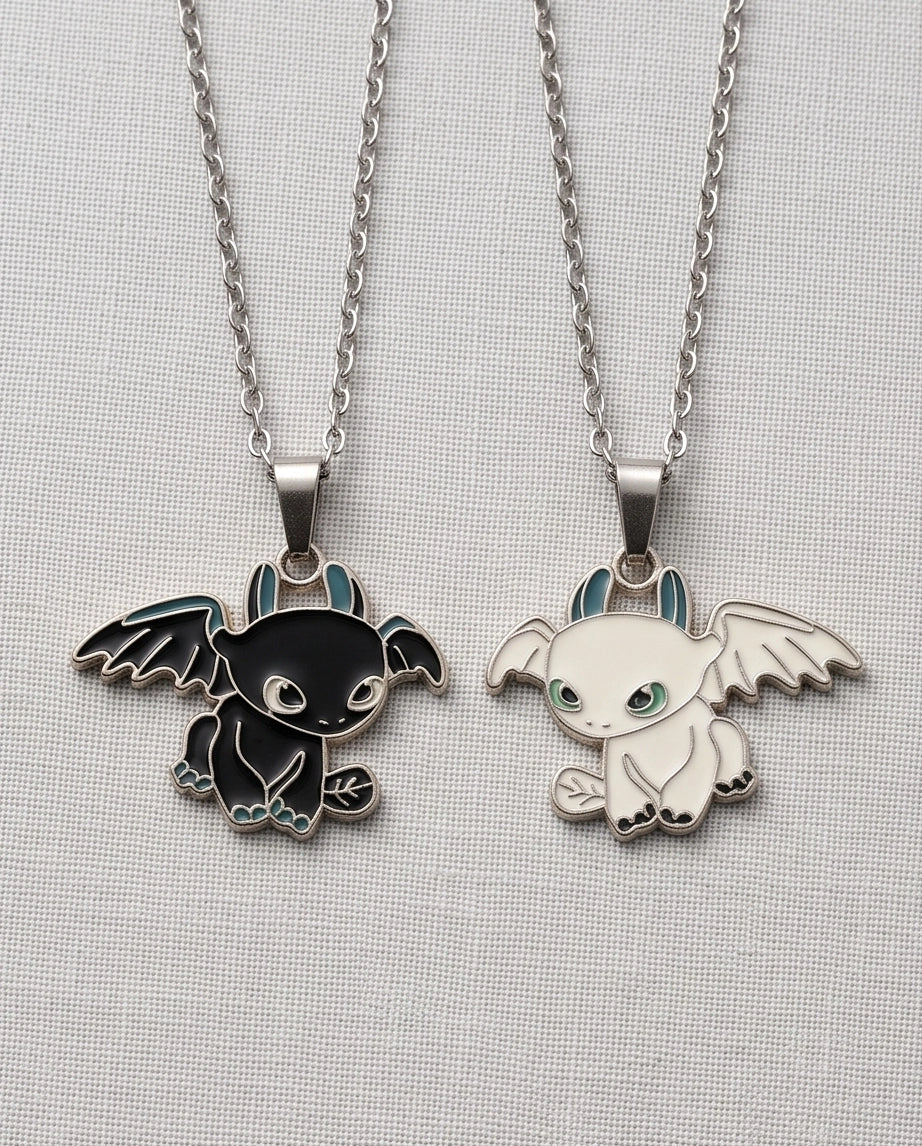 Gold Dragon Couple Enamel Pendant Necklace Set