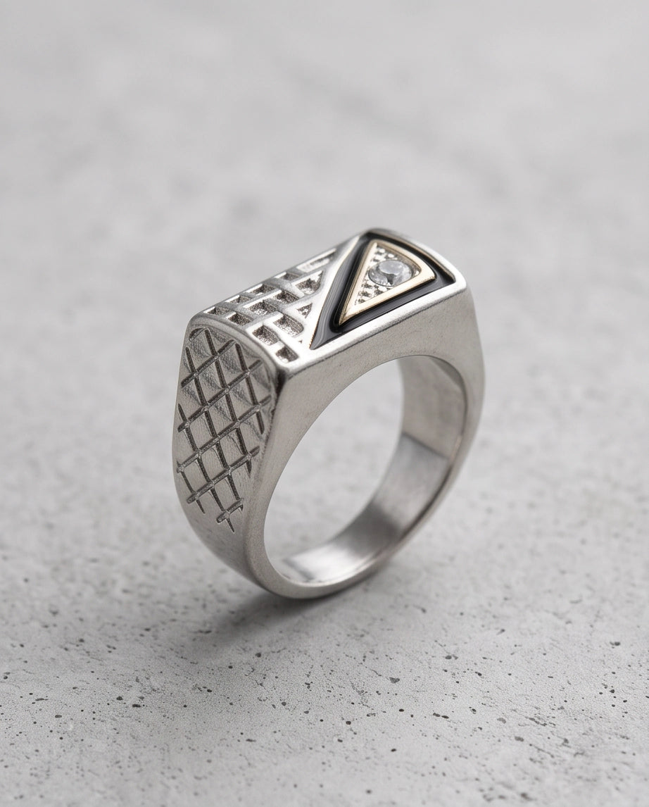 Split-Face Onyx & Clear Crystal Diamond-Mesh Silver Ring