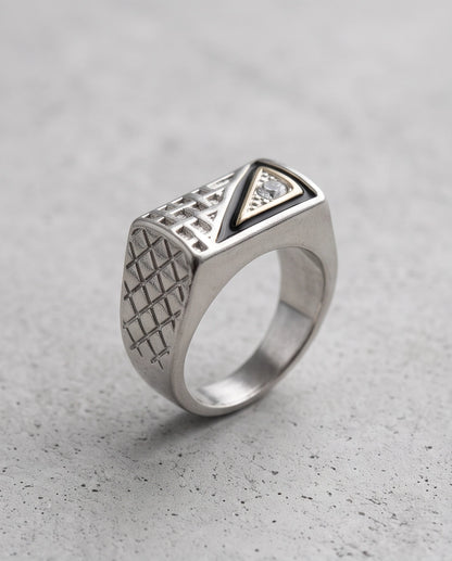 Split-Face Onyx & Clear Crystal Diamond-Mesh Silver Ring