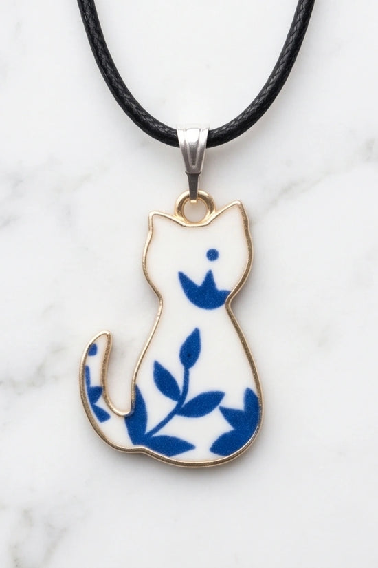 Artistic Blue Porcelain Feline Silhouette Pendant Necklace