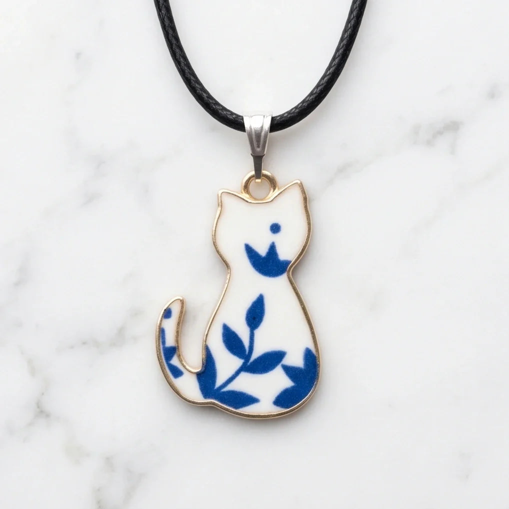 Artistic Blue Porcelain Feline Silhouette Pendant Necklace