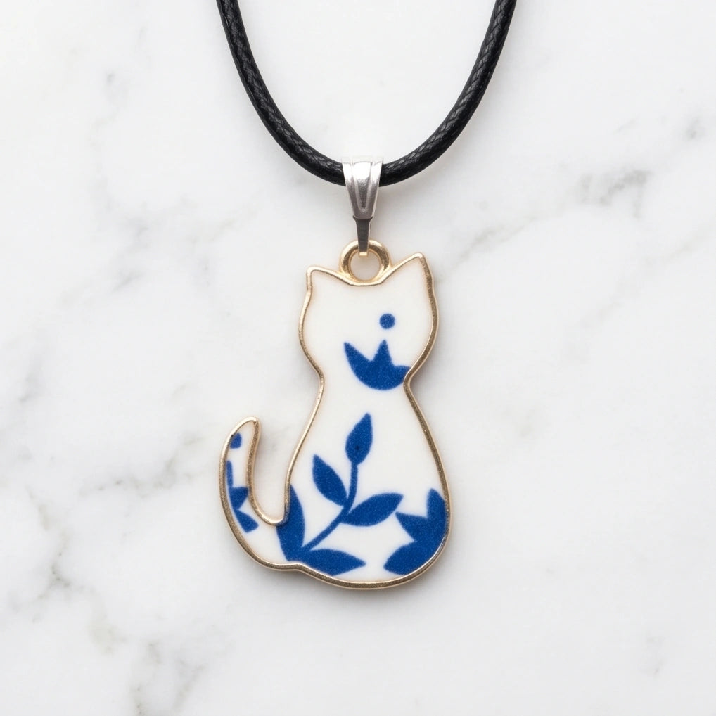 Artistic Blue Porcelain Feline Silhouette Pendant Necklace