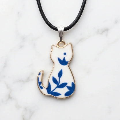 Artistic Blue Porcelain Feline Silhouette Pendant Necklace