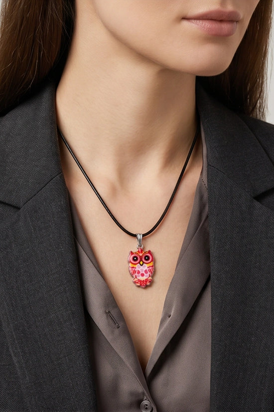 Vibrant Pink and Yellow Owl Totem Pendant Necklace