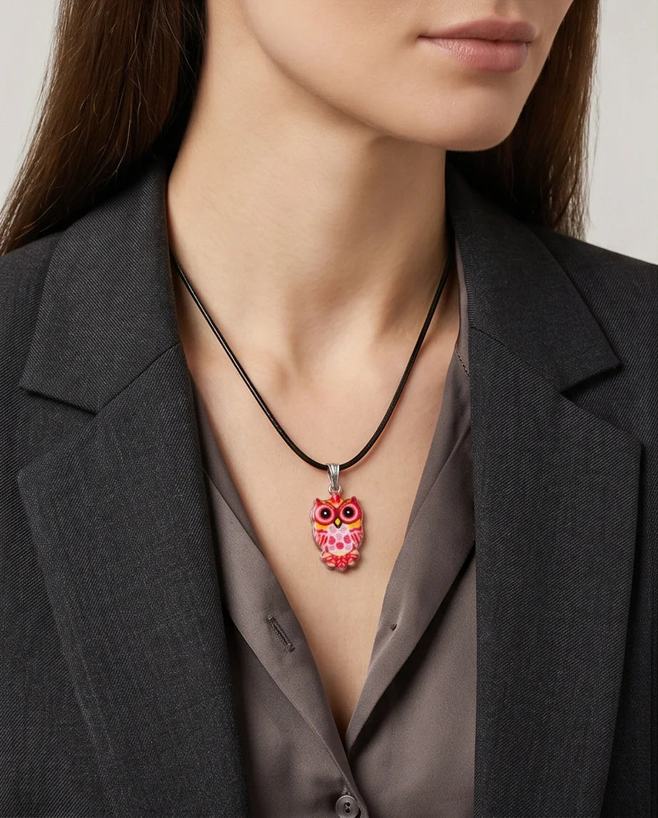Vibrant Pink and Yellow Owl Totem Pendant Necklace