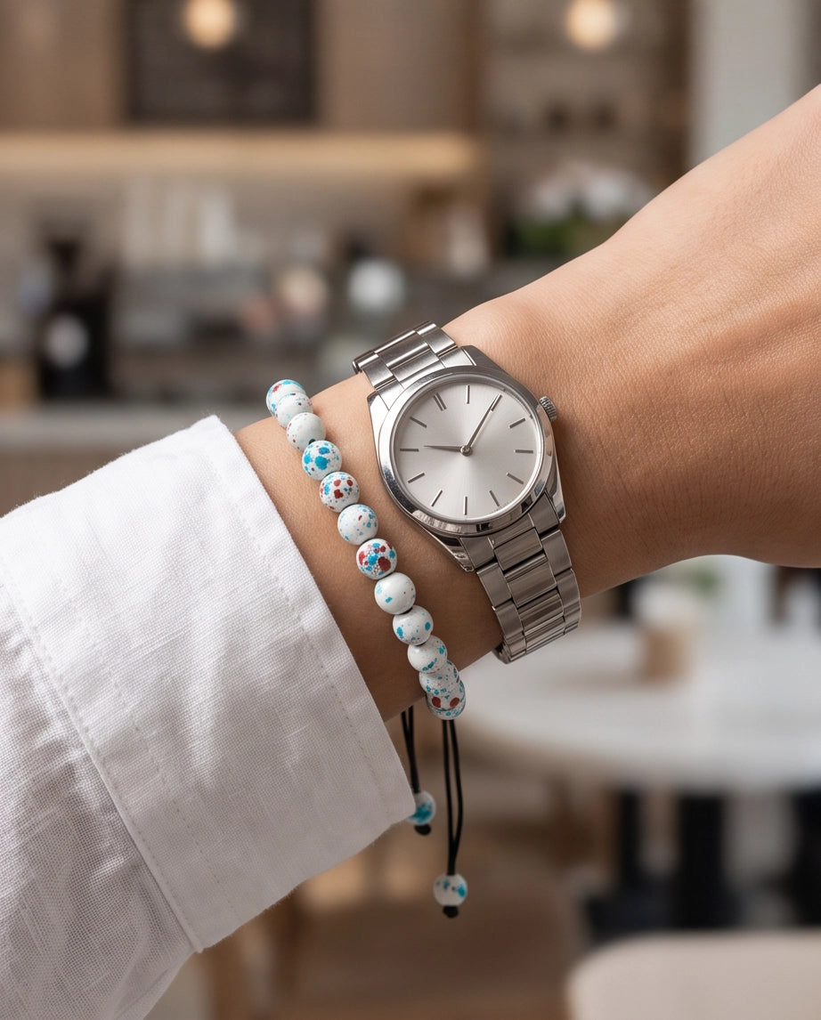 Splatter Paint White Ceramic Beaded Adjustable Macrame Bracelet