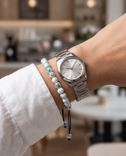 Splatter Paint White Ceramic Beaded Adjustable Macrame Bracelet