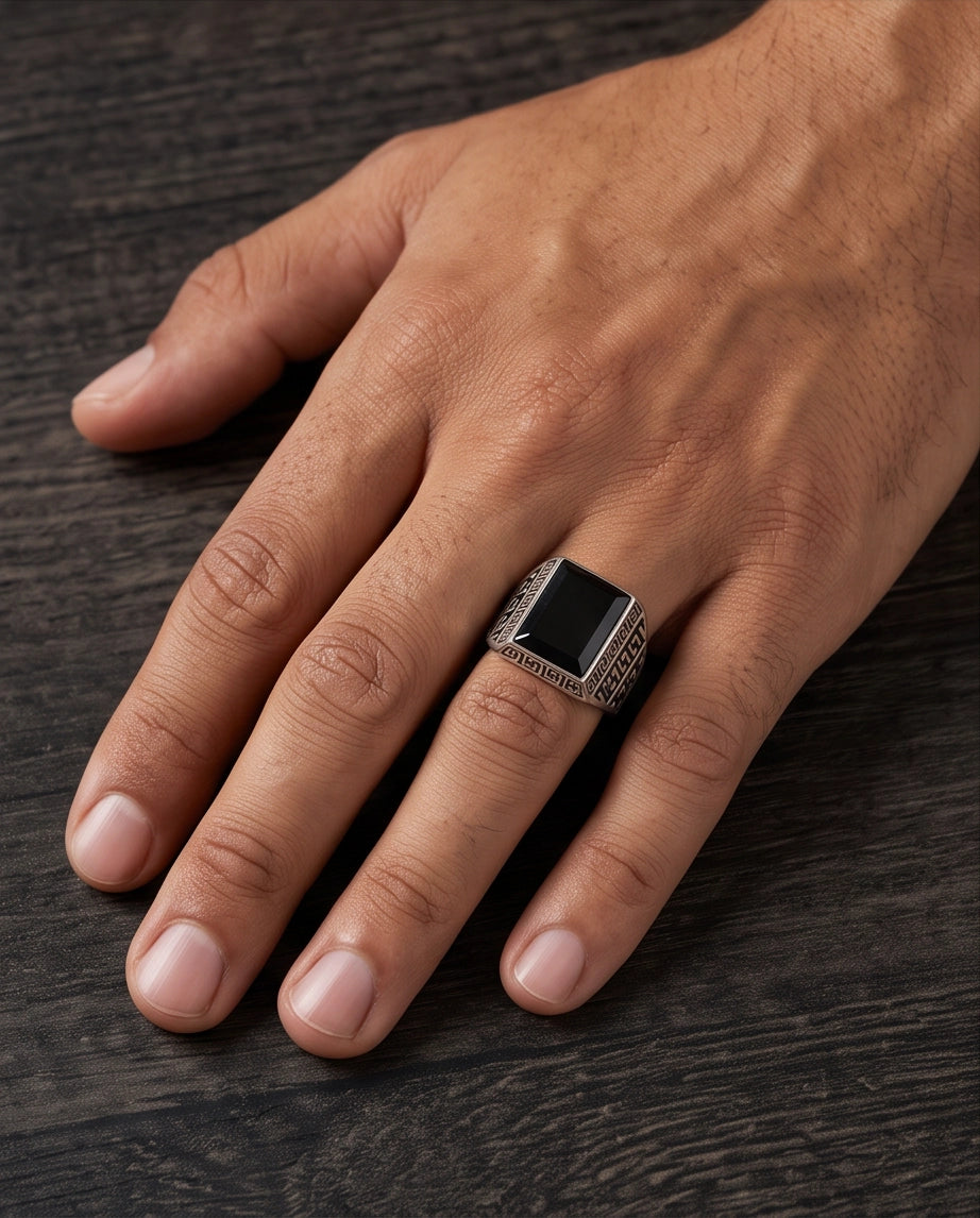 Black Onyx Emerald-Cut Gemstone Greek Key Silver Ring