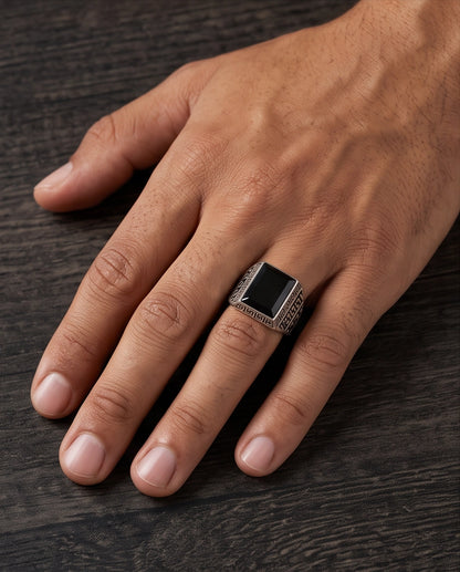 Black Onyx Emerald-Cut Gemstone Greek Key Silver Ring