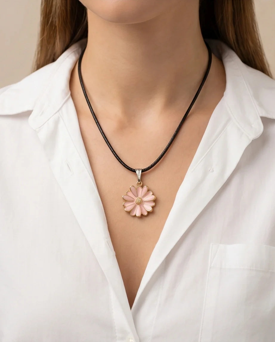 Blush Pink Enamel Sunflower Pendant Necklace
