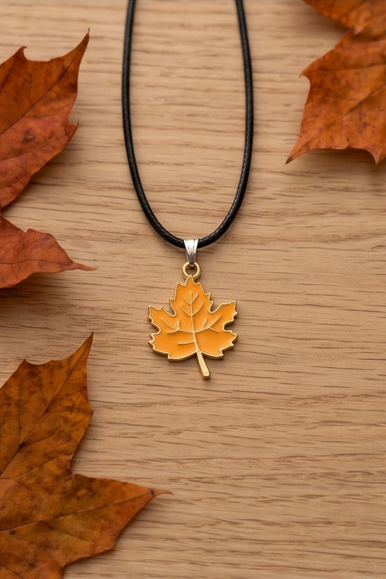 Golden Autumn Maple Leaf Enamel Pendant Necklace