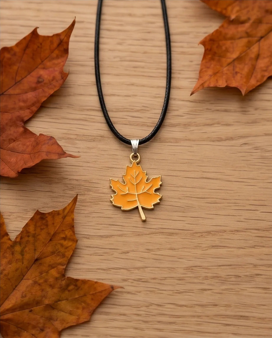 Golden Autumn Maple Leaf Enamel Pendant Necklace