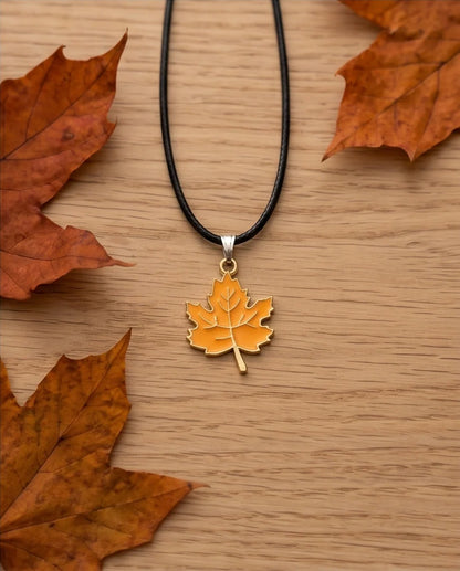 Golden Autumn Maple Leaf Enamel Pendant Necklace