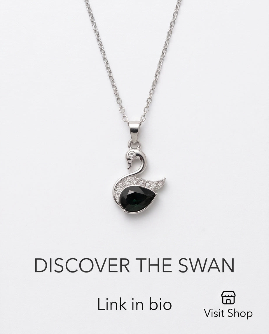 Silver Black Crystal Swan Pendant Necklace