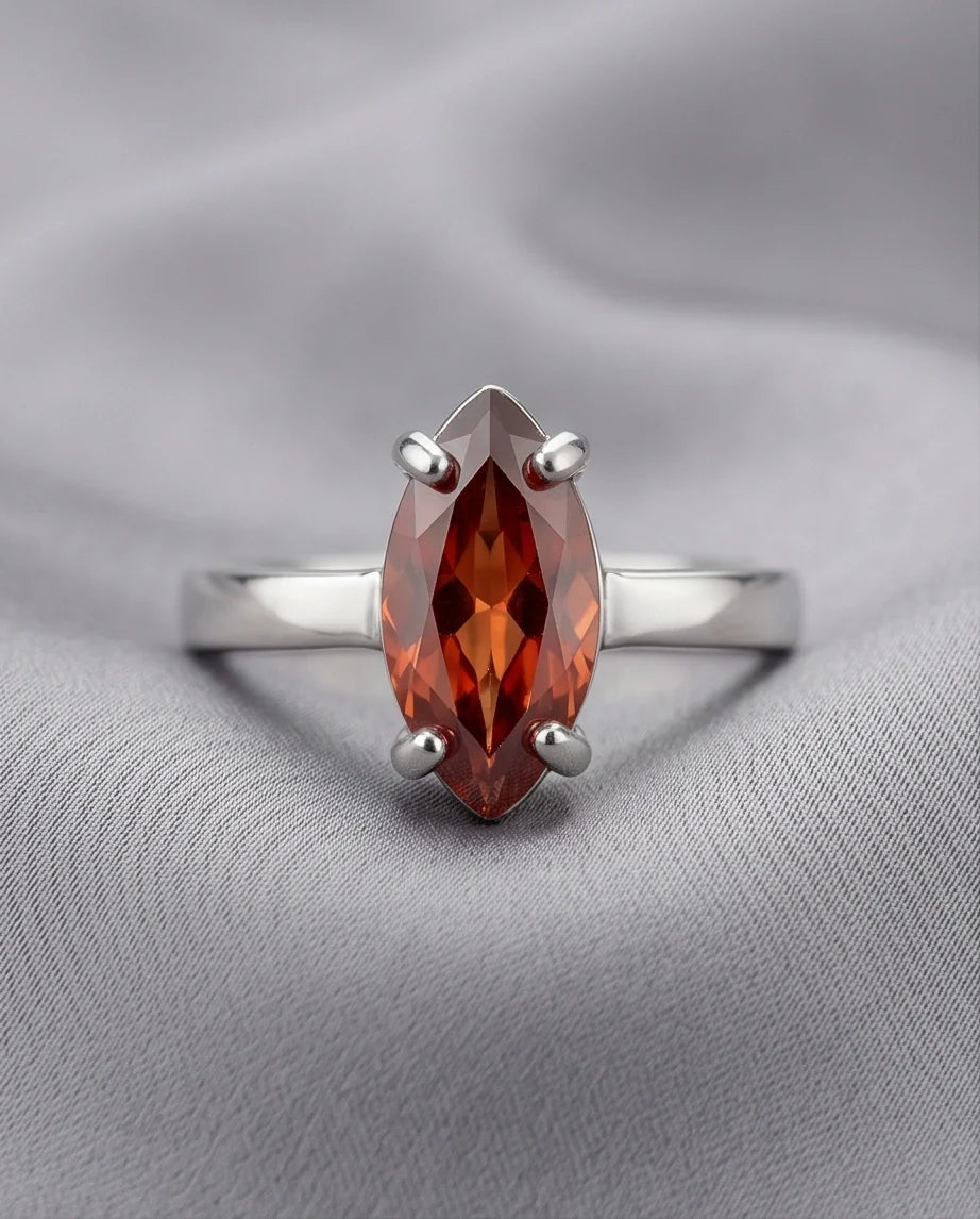 Sterling Silver Marquise-Cut Amber Carnelian Solitaire Ring