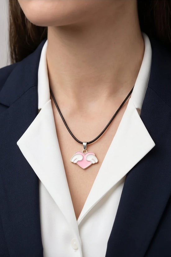 Pink Enamel Angel Winged Heart Pendant Necklace