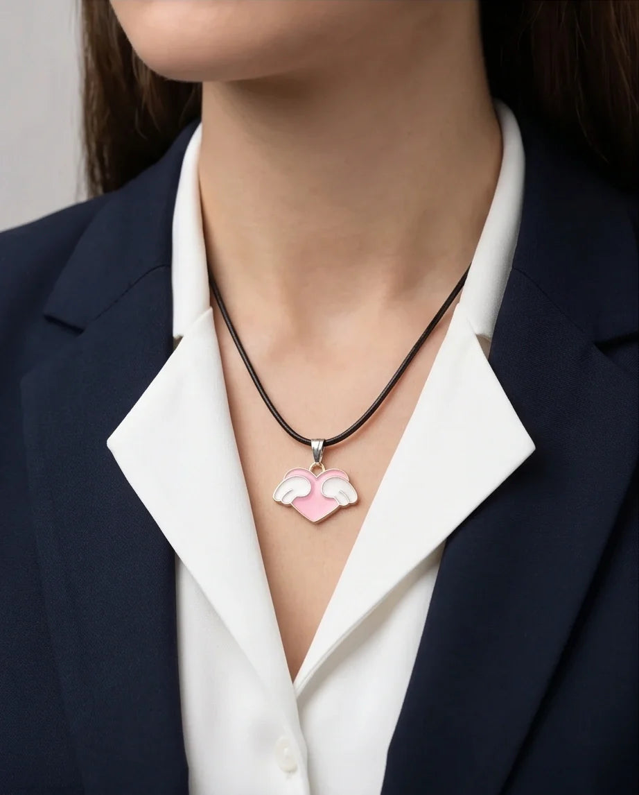 Pink Enamel Angel Winged Heart Pendant Necklace