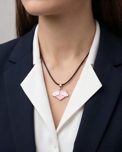 Pink Enamel Angel Winged Heart Pendant Necklace