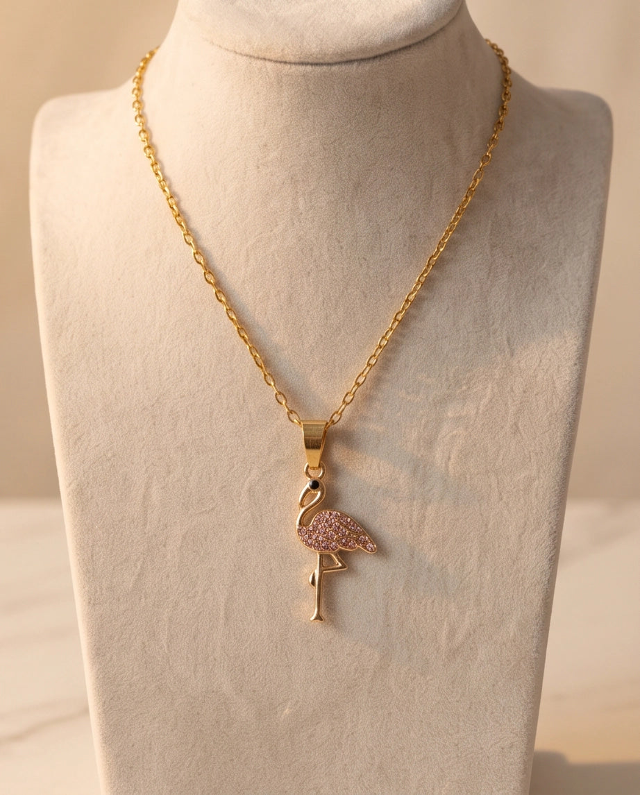Gold Pink Crystal Paved Flamingo Pendant Necklace