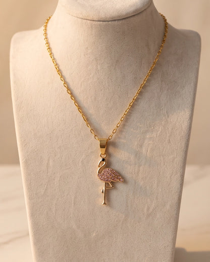 Gold Pink Crystal Paved Flamingo Pendant Necklace