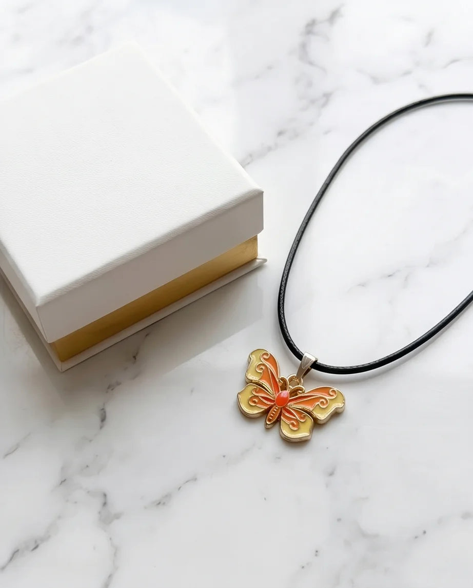 Orange & Yellow Enamel Butterfly Pendant Necklace