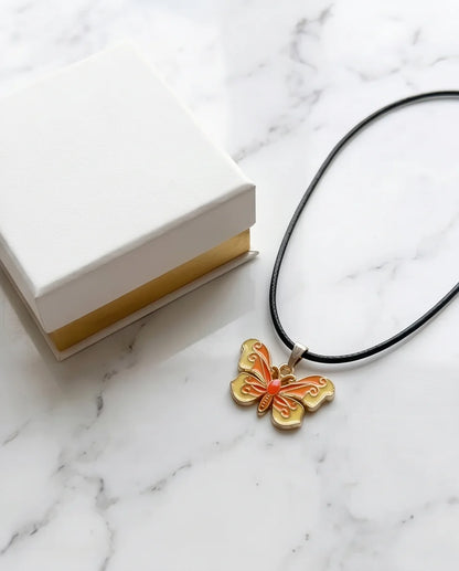 Orange & Yellow Enamel Butterfly Pendant Necklace