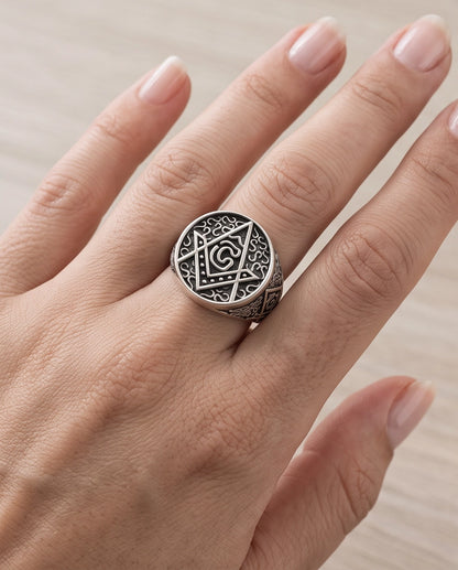 Masonic Scrollwork Oval Signet Silver Ring