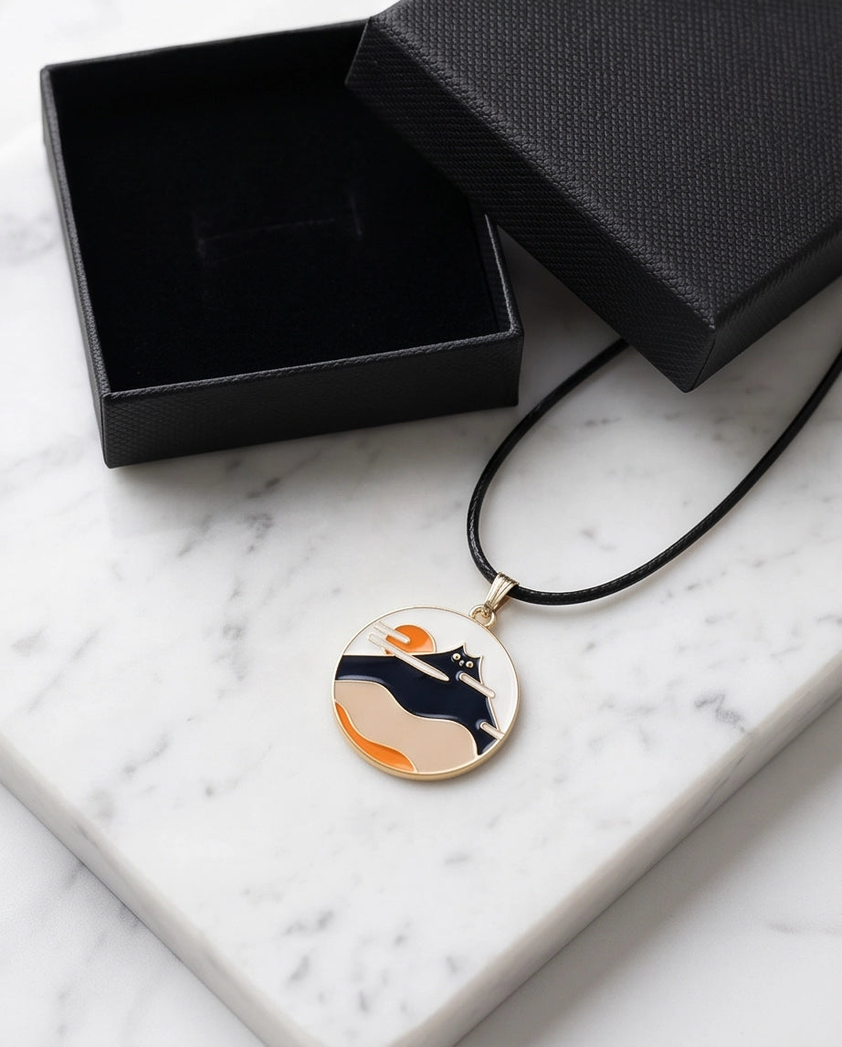 Japanese Mountain & Cat Enamel Pendant Necklace