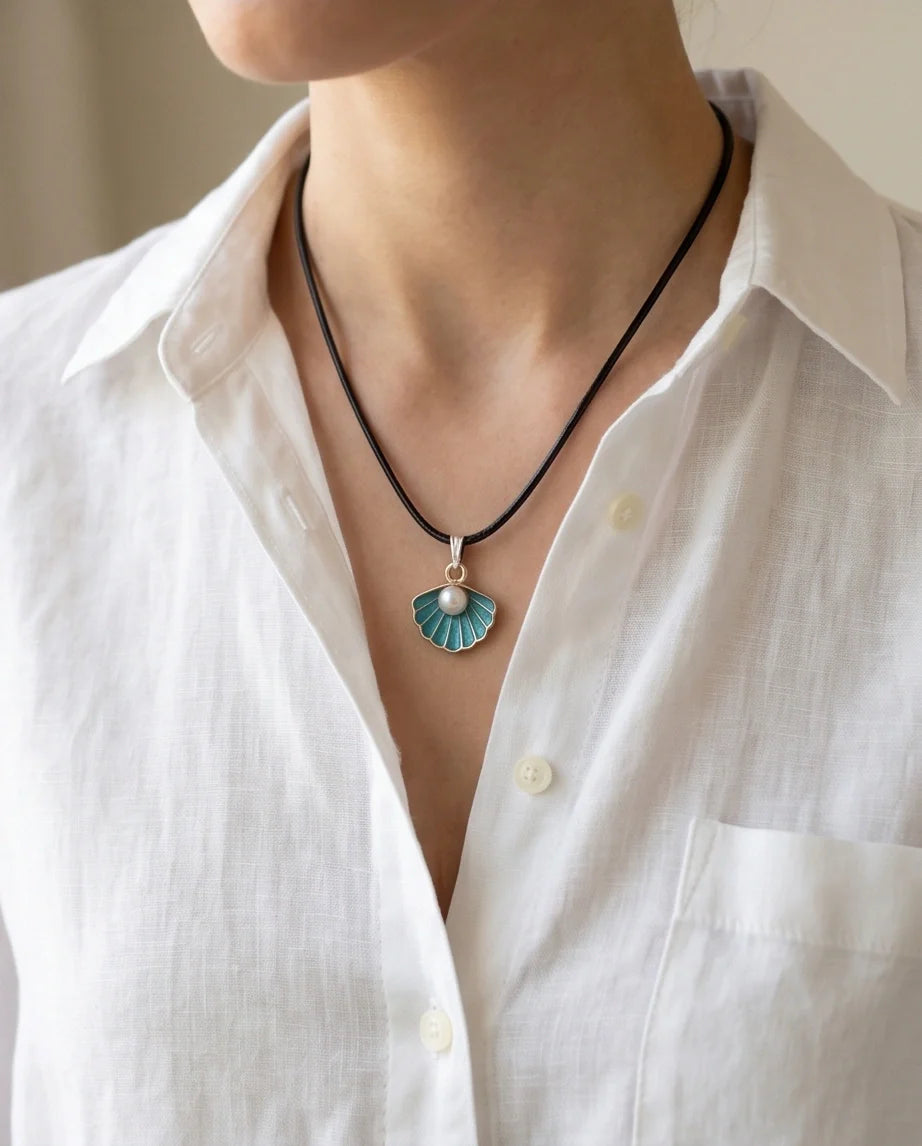 Gold and Turquoise Seashell Pearl Necklace