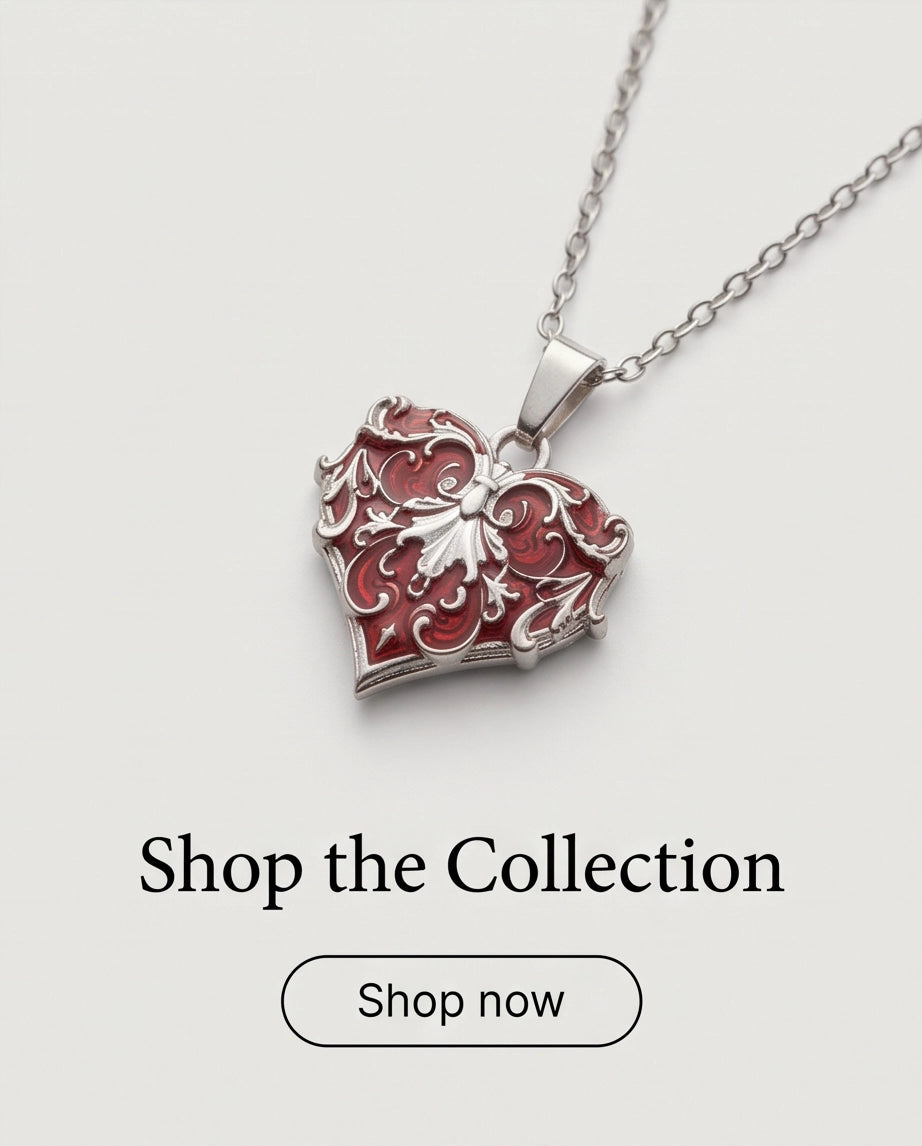Silver Red Enamel Filigree Heart Pendant Necklace