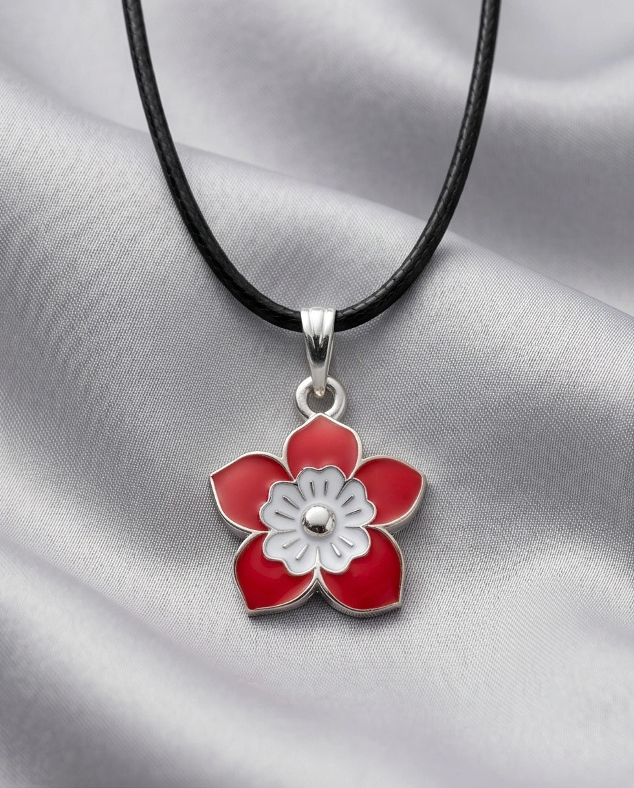 Vibrant Red and White Layered Floral Enamel Pendant Necklace