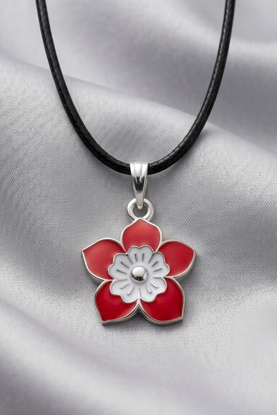 Vibrant Red and White Layered Floral Enamel Pendant Necklace