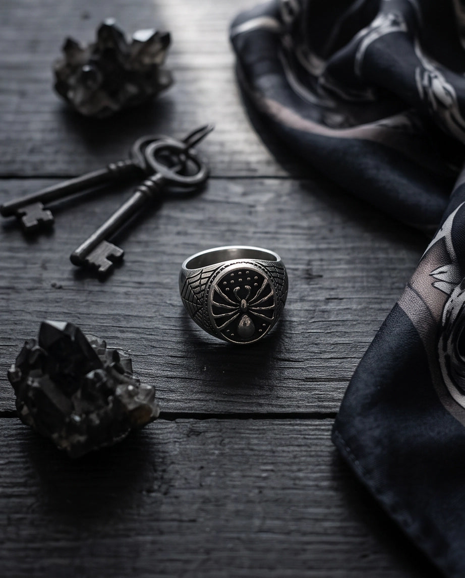 Arachnid Web-Shoulder Signet Silver Ring