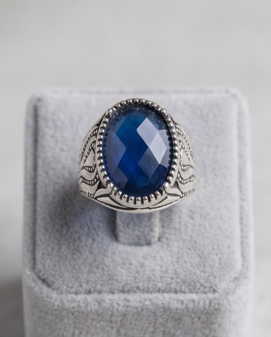 Sapphire Blue Oval-Cut Gemstone Beaded Bezel Textured Silver Ring