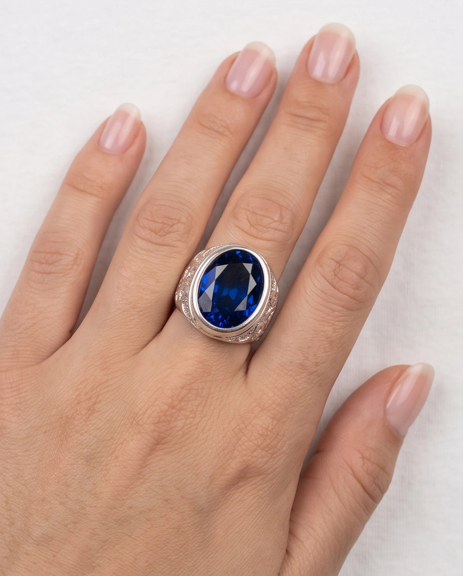 Cobalt Blue Oval-Cut Gemstone Filigree Silver Ring