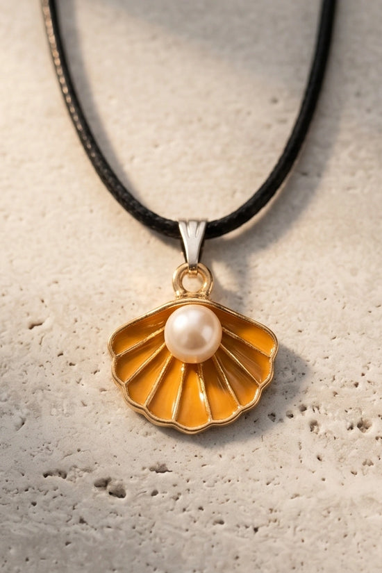 Golden Yellow Seashell Enamel Pendant Necklace with Faux Pearl