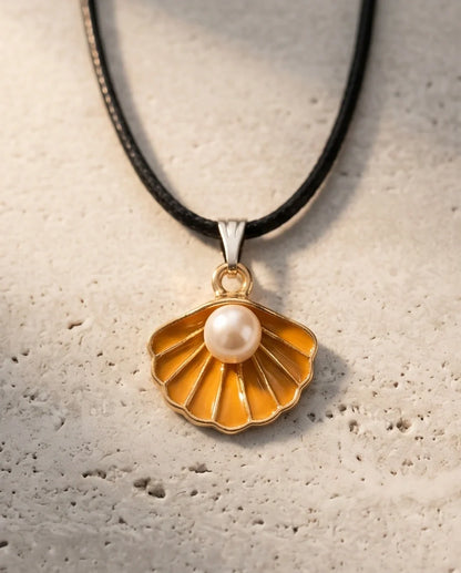 Golden Yellow Seashell Enamel Pendant Necklace with Faux Pearl