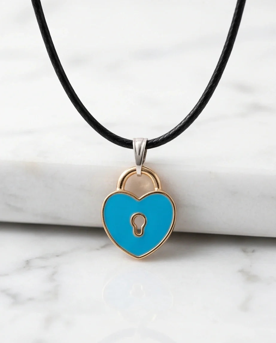 Gold and Pastel Blue Heart Lock Necklace