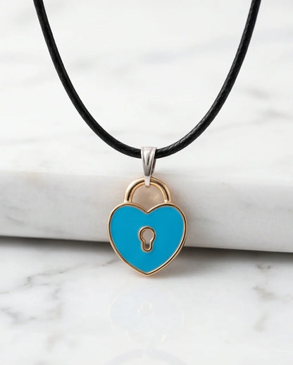 Gold and Pastel Blue Heart Lock Necklace