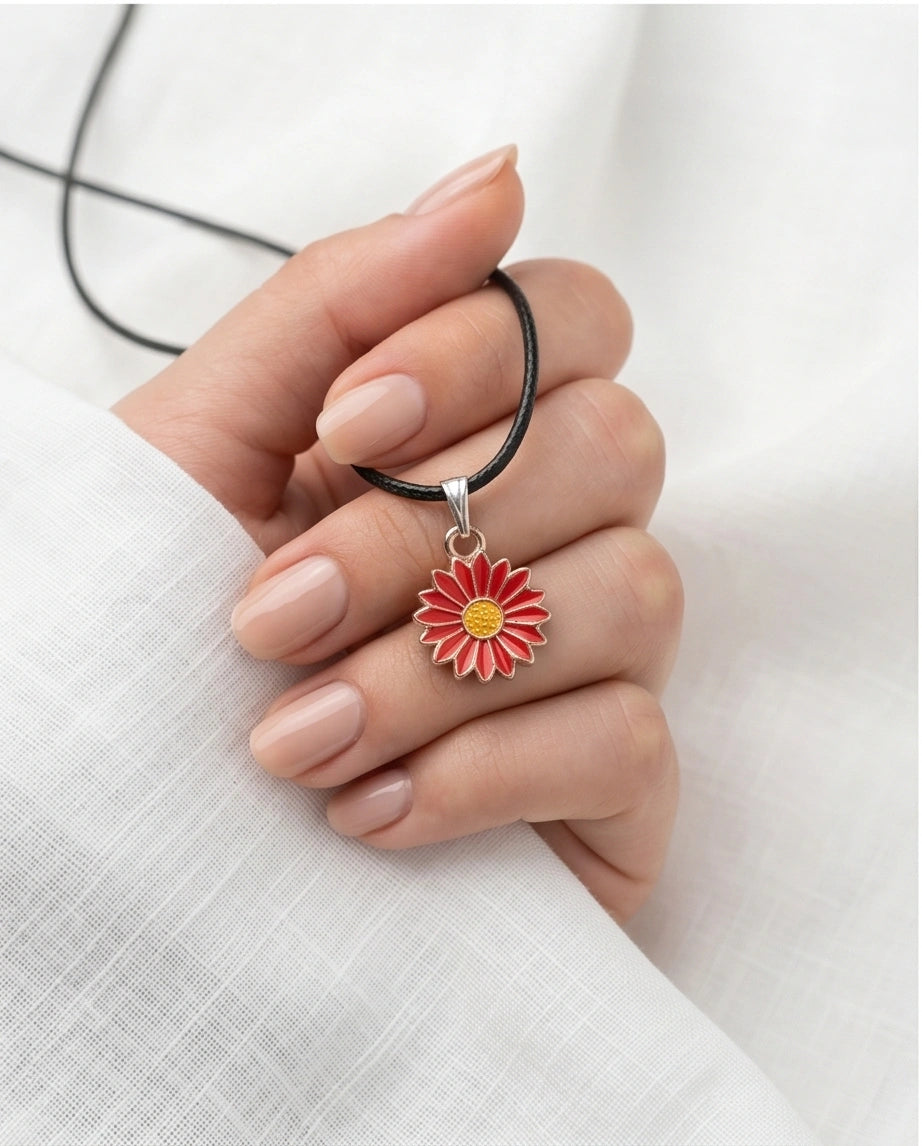 Gold and Red Sunflower Pendant Necklace
