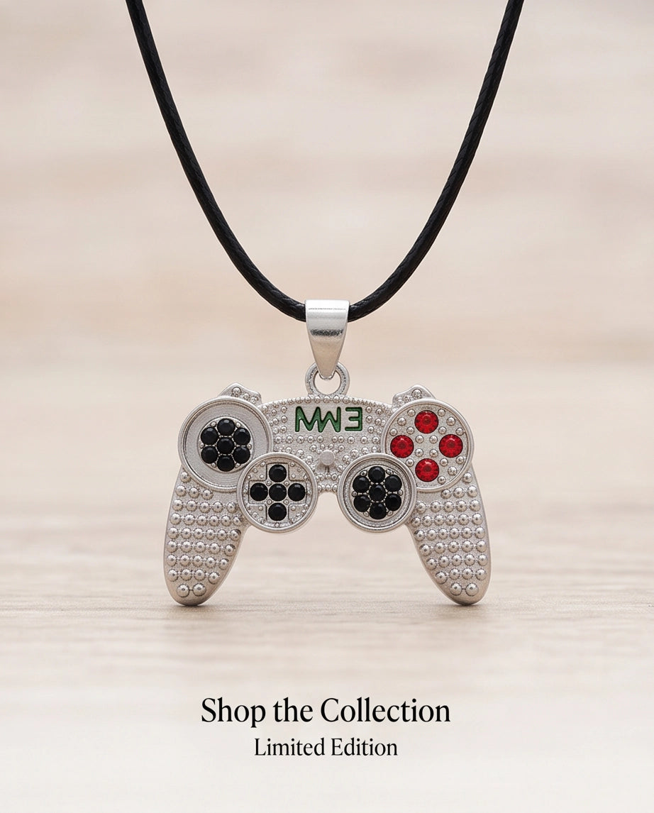 Silver Rhinestone Gamepad Controller Pendant Necklace