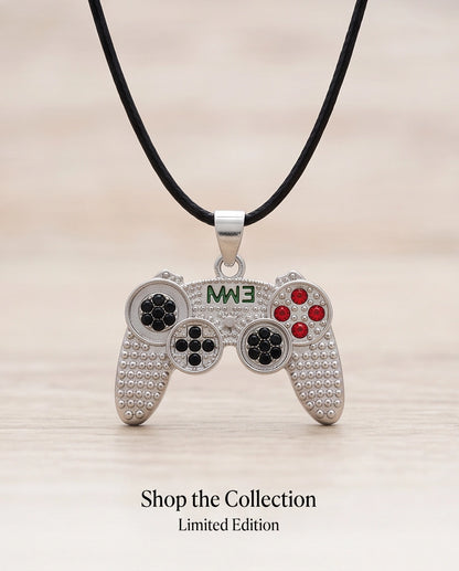 Silver Rhinestone Gamepad Controller Pendant Necklace