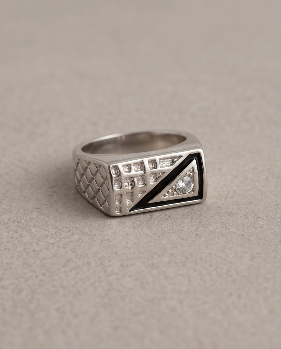 Split-Face Onyx & Clear Crystal Diamond-Mesh Silver Ring