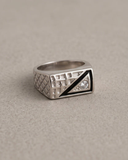 Split-Face Onyx & Clear Crystal Diamond-Mesh Silver Ring