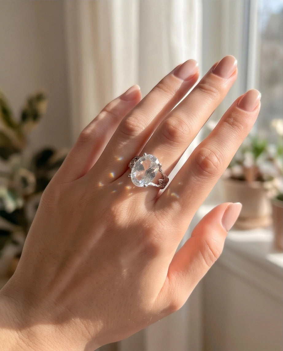 Silver Oval Quartz Botanical Solitaire Ring
