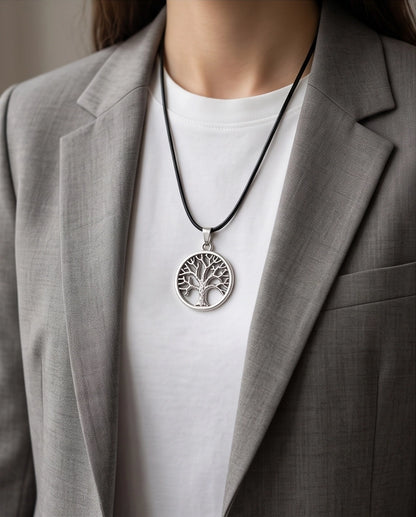 Silver Tree of Life Medallion Cord Necklace