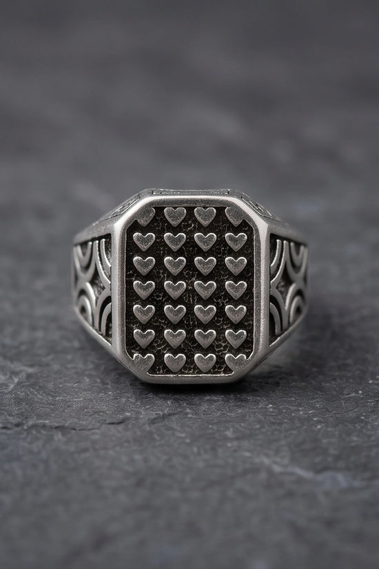 Vintage Sterling Silver Micro-Heart Lattice Signet Ring